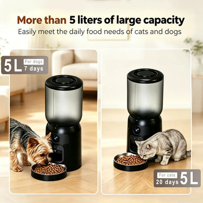 Taleboss Smart Automatic Cat Feeder with Camera, 5L Capacity, Laser Toy, 1080P HD, App Control, Night Vision, Dual Band Wi-Fi, and Two-Way Audio