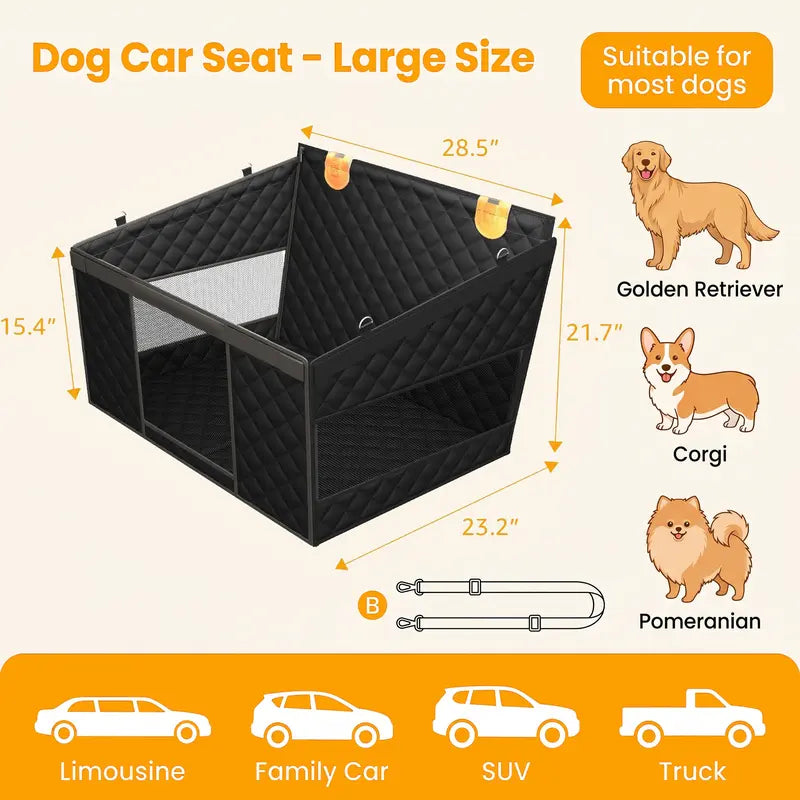 Premium Large Dog Car Seat with Triple Mesh Windows - Waterproof, Stable, Ventilated Quilted Pet Back Seat Extender with Rigid Base, Durable Protection Cover for Vehicles