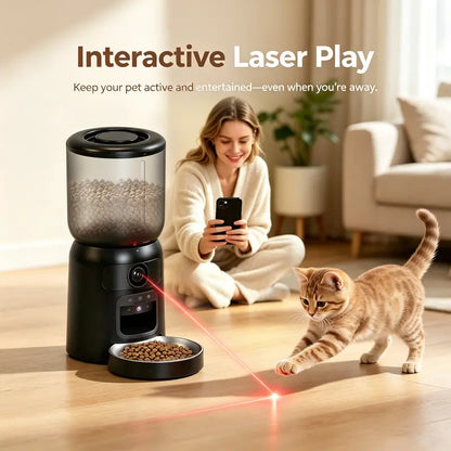 Taleboss Smart Automatic Cat Feeder with Camera, 5L Capacity, Laser Toy, 1080P HD, App Control, Night Vision, Dual Band Wi-Fi, and Two-Way Audio