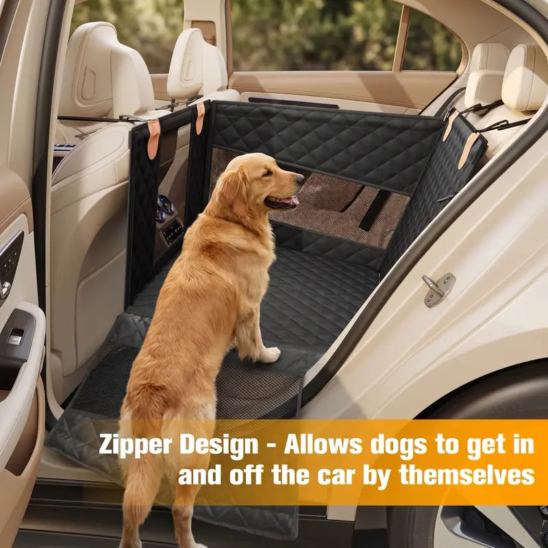 Premium Large Dog Car Seat with Triple Mesh Windows - Waterproof, Stable, Ventilated Quilted Pet Back Seat Extender with Rigid Base, Durable Protection Cover for Vehicles