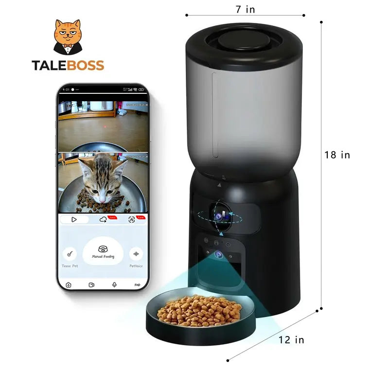 Taleboss Smart Automatic Cat Feeder with Camera, 5L Capacity, Laser Toy, 1080P HD, App Control, Night Vision, Dual Band Wi-Fi, and Two-Way Audio