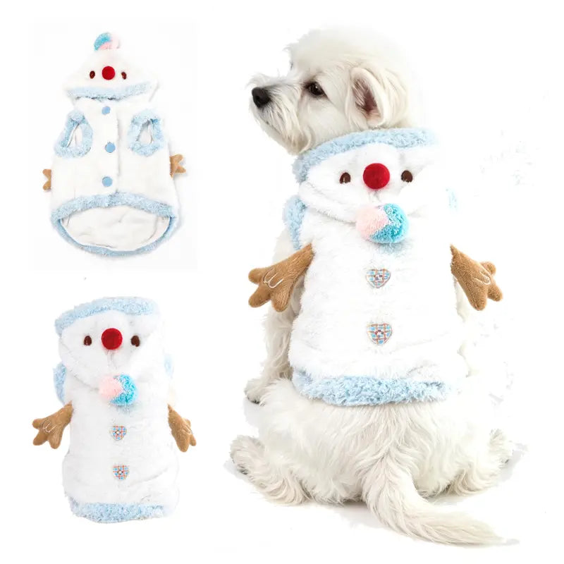 Snowman Christmas Pet Costume - Cozy Plush Hooded Outfit with D-Ring Leash Hole for Small to Medium Dogs and Cats, Winter Holiday Apparel