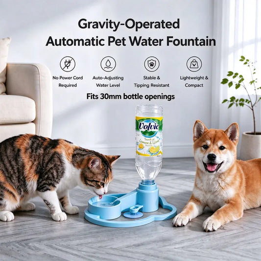 Automatic Gravity-Fed Pet Water Fountain - Compact Design, 30mm Bottle Compatibility, Continuous Fresh Water Flow, Blue for Small to Medium Dogs and Cats
