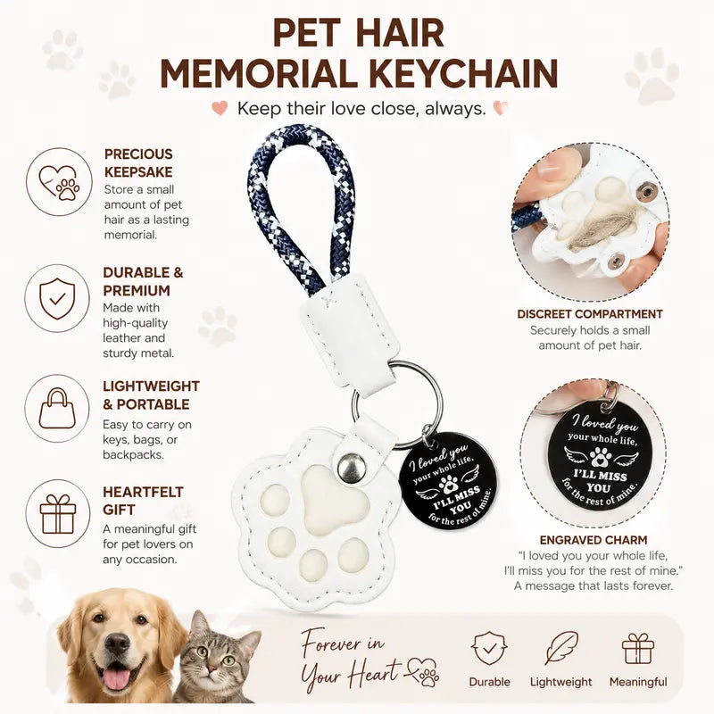 HOLDNEAR Leather Pet Paw Keepsake Keychain with Rope Lanyard - Memorial Charm for Dog and Cat Loss, Thoughtful Sympathy Gift for Pet Owners
