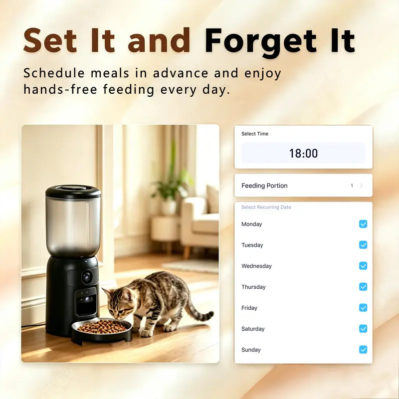 Taleboss Smart Automatic Cat Feeder with Camera, 5L Capacity, Laser Toy, 1080P HD, App Control, Night Vision, Dual Band Wi-Fi, and Two-Way Audio