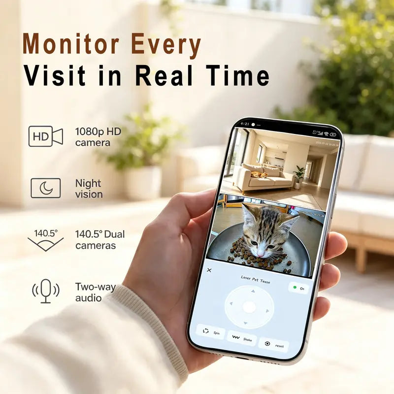Taleboss Smart Automatic Cat Feeder with Camera, 5L Capacity, Laser Toy, 1080P HD, App Control, Night Vision, Dual Band Wi-Fi, and Two-Way Audio