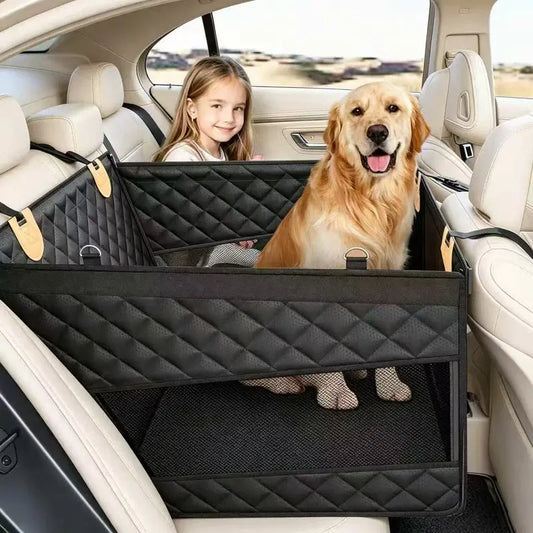 Premium Large Dog Car Seat with Triple Mesh Windows - Waterproof, Stable, Ventilated Quilted Pet Back Seat Extender with Rigid Base, Durable Protection Cover for Vehicles