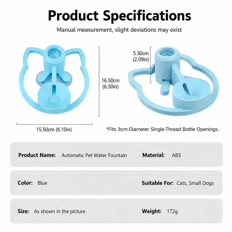 Automatic Gravity-Fed Pet Water Fountain - Compact Design, 30mm Bottle Compatibility, Continuous Fresh Water Flow, Blue for Small to Medium Dogs and Cats