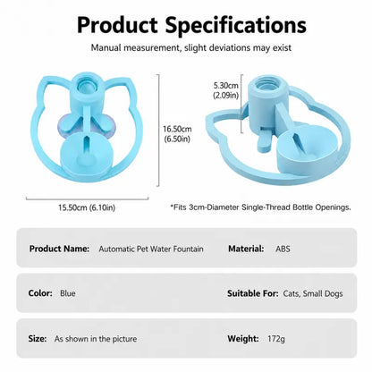 Automatic Gravity-Fed Pet Water Fountain - Compact Design, 30mm Bottle Compatibility, Continuous Fresh Water Flow, Blue for Small to Medium Dogs and Cats